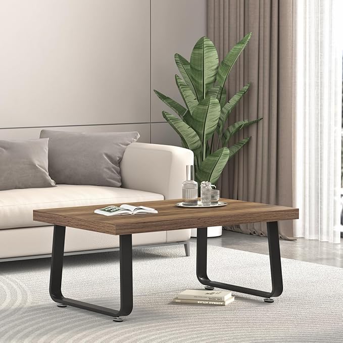 HSH Farmhouse Modern Simple Oak Center Table - Industrial Minimalist Rectangle Living Room Coffee Table, Wood and Metal, Rustic Oak, 39 in