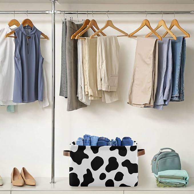 Cow Spots Storage Basket Fabric Storage Bin Laundry Baskets Farm House Country Style Foldable Storage Boxes Organizer Bag for Baby Cloth Dog Toy Book Storage Cubes Shelf Closet Basket 16×12×8 Inches
