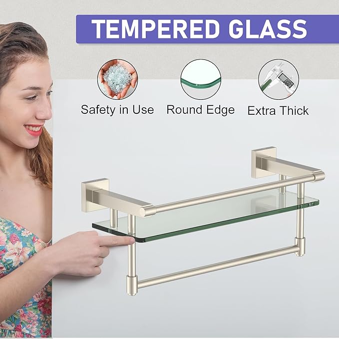 Bathroom Glass Shelf Towel Rack Shelf Glass Organizer Wall-Mounted Bathroom Storage SUS304 Stainless Steel Towel bar/Track Wall-Mounted Tempered Glass Stainless Steel Shelf (Brushed Nickel, 16-inch)