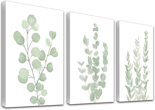 Botanical Eucalyptus Canvas FRAMED Wall Art,Boho Plant Wall Decor for Bedroom,Minimalist Prints for Living Room,Light Green Botanical Art Painting for Bathroom,Set of 3,12”x 16”
