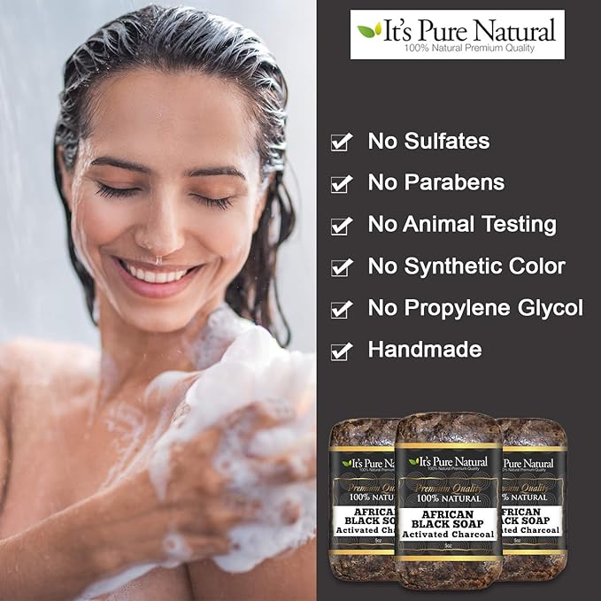 It's Pure Natural African Black Soap Bars with Activated Charcoal (Pack of 3) Organic Raw Soap for Face & Body, Acne Treatment & Dark Spot Remover [Made in Ghana]