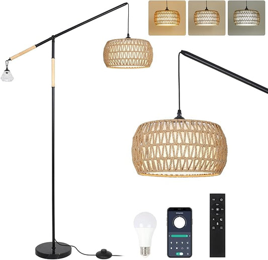 Arc Floor Lamps for Living Room, Rattan Floor Lamp with Remote, Boho Standing Lamp with Crystal Hanging Decor, Adjustable Arm Stand Up Lamp, Dimmable Tall Light for Bedroom Over Couch (Bulb Included)
