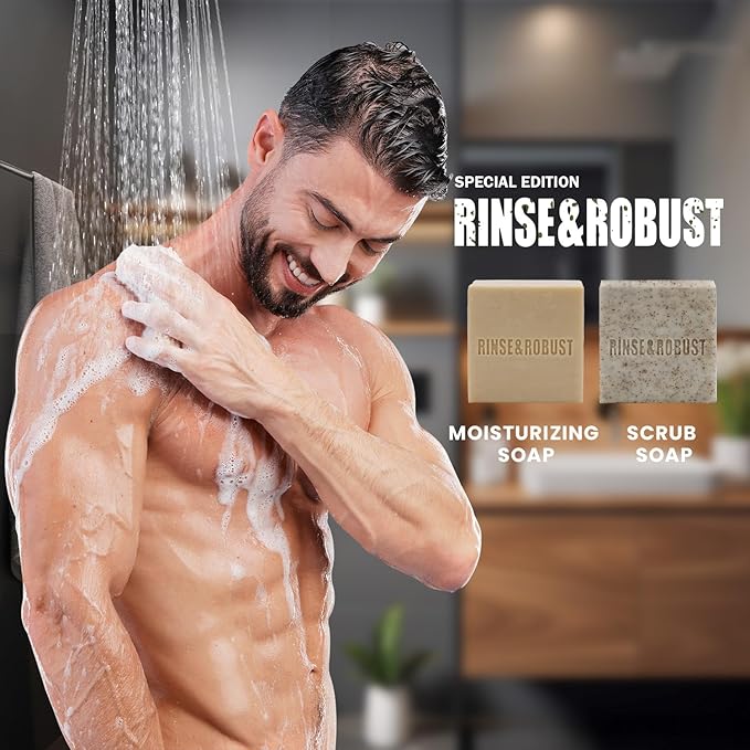 Rinse & Robust Mens Bar Soap Bath Bar Soap 3Pack Handmade Natural Soap Bar Set Cleansing Bar Moisturizing&Exfoliating Scrub Soap Fathers Day Gift Set | Leather, Sandalwood, Teakwood | 3.5 oz of 3 Bars