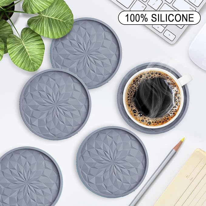 ME.FAN Silicone Coasters with Holder,[6 Pack] Drinking Coasters - Cup Mat for Hot or Cold Drinks, Thickened, Non-Slip, Non-stick,Deep Tray Light Grey
