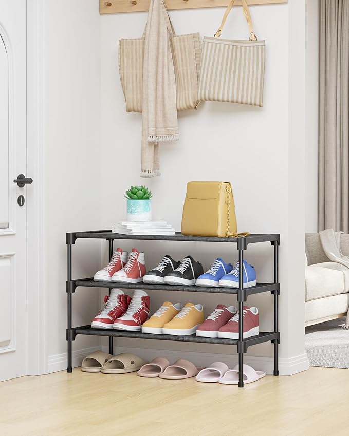 Kitsure Shoe Rack - Premium Non-Woven Shoe Rack Shelf, Shoe Organizer for Closet, Entryway, Garage & Corridor, Sturdy & Durable Long Stackable Shoe Shelves, Medium, Black