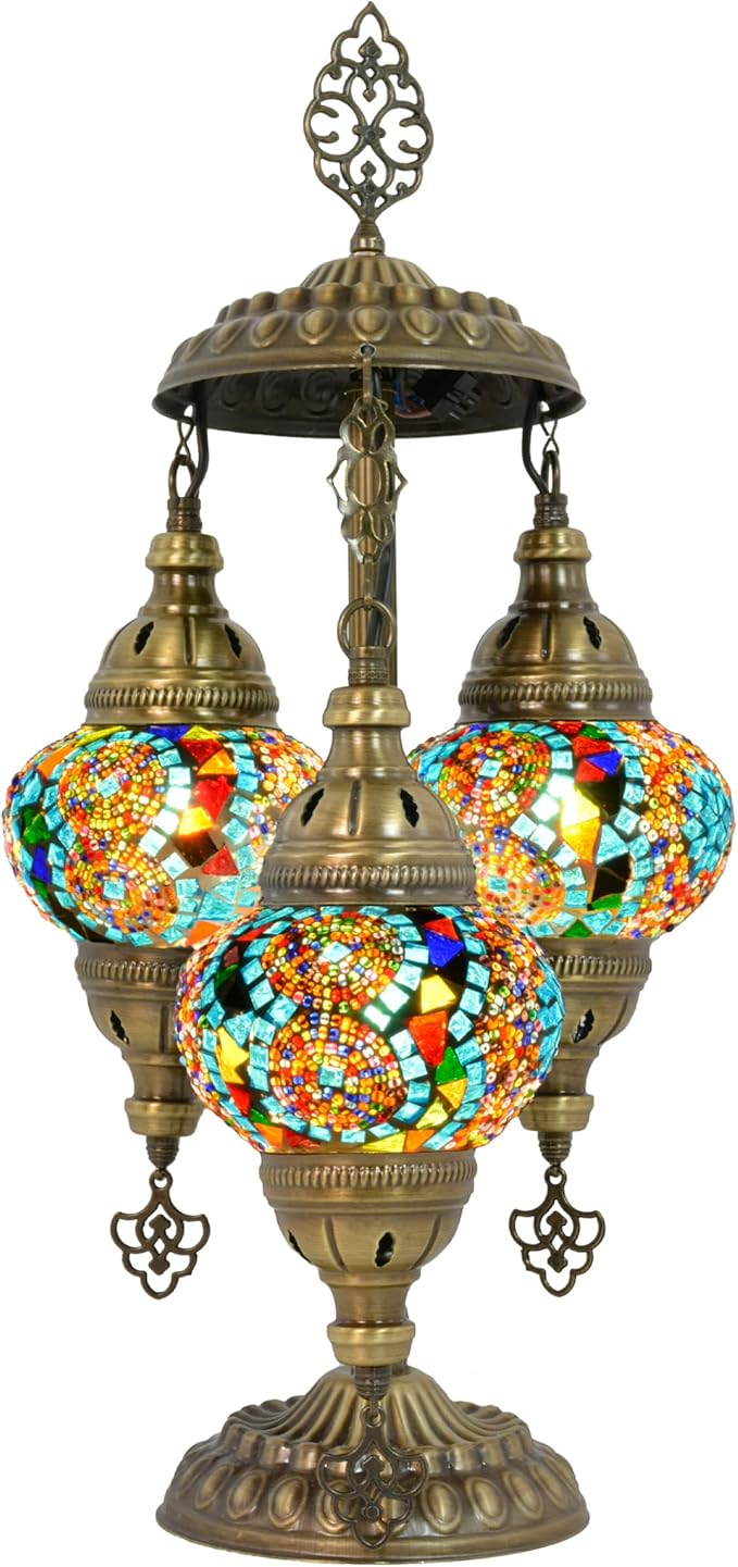 mozaist 3 Globe Turkish Mosaic Table Lamp, Stained Glass Tiffany Style Moroccan Desk Light, Handmade Vintage Antique Entryway Decorative Colorful Lighting with US Plug & E12 Socket (Multi-Colored)