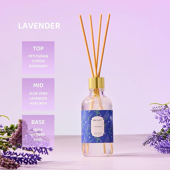 Airkeep Reed Diffuser Oil Set with Reed Sticks,Lavender Aromatherapy Oil Scent Diffuser for Home Office Bathroom Decoration Perfume and Gifts 3.38oz/100ml