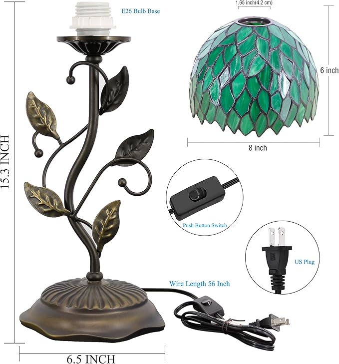 Small Tiffany Lamp Stained Glass Table Lamp Uplight Accent Lamp with Metal Leaf Base Green Wisteria Style Desk Light 8X19 Inch for Home Office Living Room Bedroom