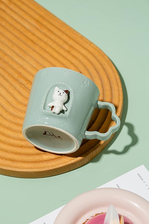 DIHOclub Cat Ceramic Cup Window Animals Mug Cute Cartoon Handmade Figurine Mugs,Holiday and Birthday Gift for Daughter,Son,Kids,9 OZ (Blue)