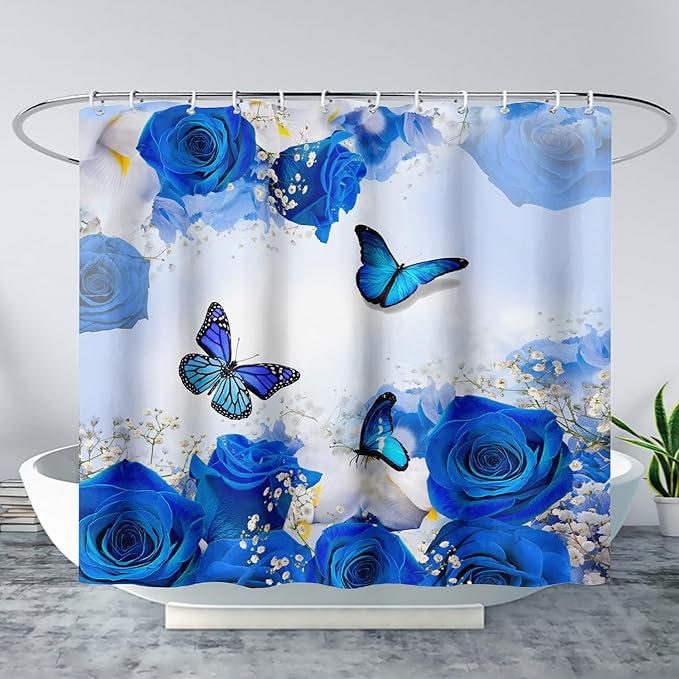 AILONEN Butterfly Shower Curtain for Girl Women,Blue Rose Shower Curtain Butterfly Floral Decor Bath Curtain 60" W*72" H Polyester Fabric Waterproof Bathroom Bathtub Curtain with 12 Hooks