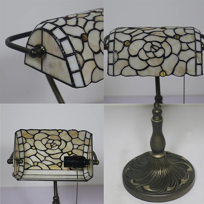 Rose Bankers Lamp Tiffany Vintage Table Lamp Stained Glass Beige Rose Lampshade Table Light Piano Desk Lamp Bedroom Bedside Lamp for Livingroom Office Study,Antique Alloy Base,Zipper Switch,Rose b