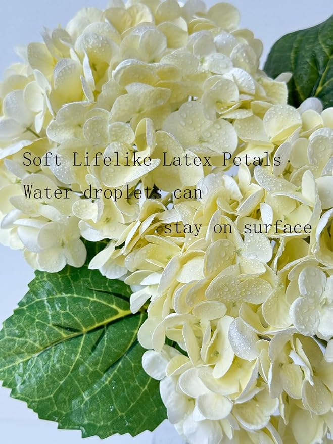 YalzoneMet 4 PCS Beige Creamy Hydrangea Artificial Flowers 21 inches Real Touch Faux Latex Hydrangea Flowers for Wedding Table Centerpieces Fake Flowers for Party Home Kitchen Fall Decor