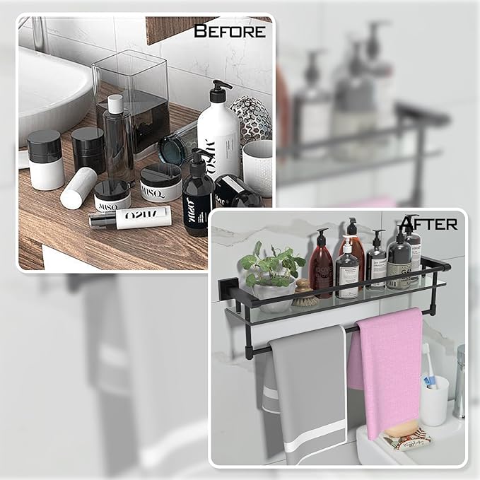 Glass Shelves for Bathroom with Towel Bar/Rack 24" Tempered Glass Shelves with Stainless Steel Towel Holder for Wall Shelf Sink Over Toilet (Matte Black)