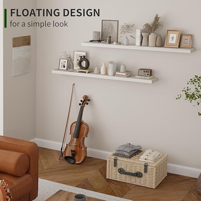 Marsmiles Wood Floating Shelves for Wall Set of 2, 48 Inch Wide Rustic Wooden Floating Shelves, Invisible Wall Mounted Display for Living Room Bedroom Kitchen Bathroom Office, Black