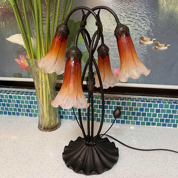 Bieye L10699 Lily Flower Blown Glass Accent Table Lamp for Living Room Bedroom Decoration (4-Light, Orange)
