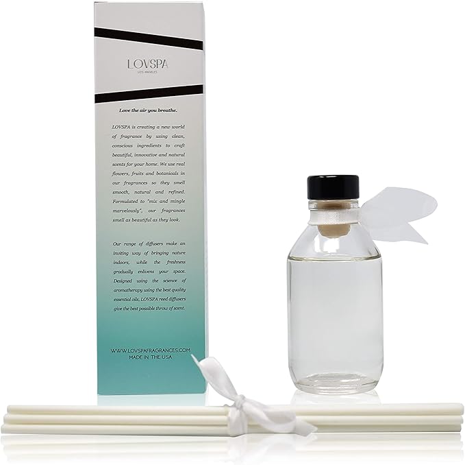 LOVSPA Summer Linen Reed Diffuser & Scent Sticks Gift Set - Fresh Soft Cotton, White Peach, Lavender & Coconut - Natural Essential Oils - Made in The USA