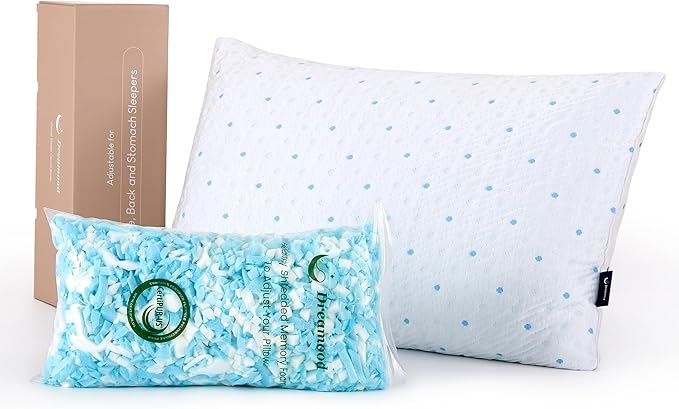 Queen Pillows Set of 1 with Cooling & Soft Cover Shredded Memory Foam Pillows Adjustable Loft & Firmness Bed Pillow for Sleeping for Side Back Stomach Sleeper Cooling Pillow Hypoallergenic