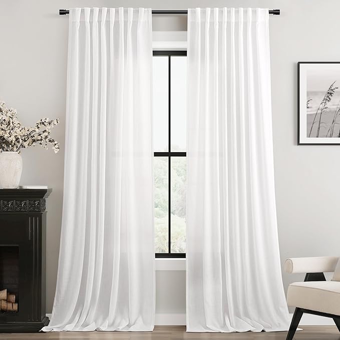 Extra Long White Curtain 120 inches Long 2 Panels Set Back Tab Light Filtering Cotton Textured Curtain Modern Farmhouse Coastal Decor White Linen Drapes 120 inch Length for Large Window 10 FT 60x120
