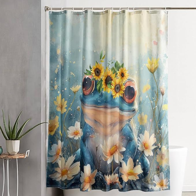 AILONEN Cartoon Frog Shower Curtain,Blue Frog with Sunflowers Polyester Cloth Bath Curtain Set for Kids Boys Girls,Amphibious Animals Shower Curtains for Bathroom,72" W*78" H