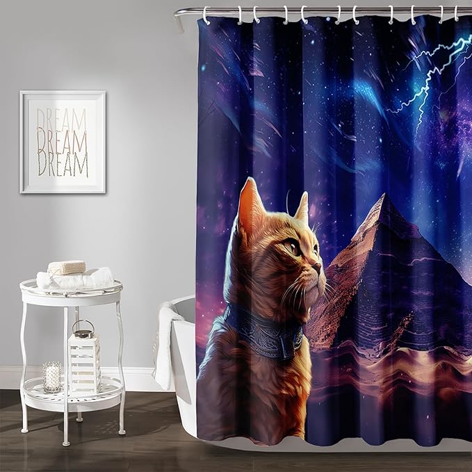 AILONEN Cat Shower Curtain,Blue Galaxy Lightning Pyramid Pet Cat Bath Curtain Gifts for Cat Lover,Polyester Waterproof for Bathroom,72" W*72" H with 12 Plastic Hooks