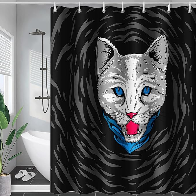 AILONEN Cat Shower Curtain,Cartoon Scream Cat Printed Bath Curtain for Teens,Polyester Waterproof for Bathroom,36" W*72" H with 12 Plastic Hooks