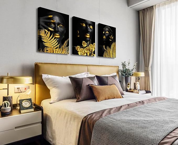 Elegant African American Black Girl Canvas Wall Art - 3Pcs Framed Black & Gold Women Pictures for Living Room, Bathroom & Bedroom Decor - Gold Tropical Botanical Prints for Home Decoration
