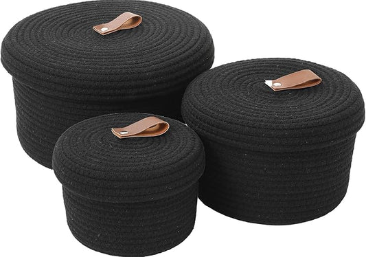 Cottonphant Set of 3 Stylish Round Woven Baskets with Lids - Elegant Storage Solution for Home Decor and Organization - Compact Shelf Baskets (Black, 10"x6"-8"x5"-6"x4")