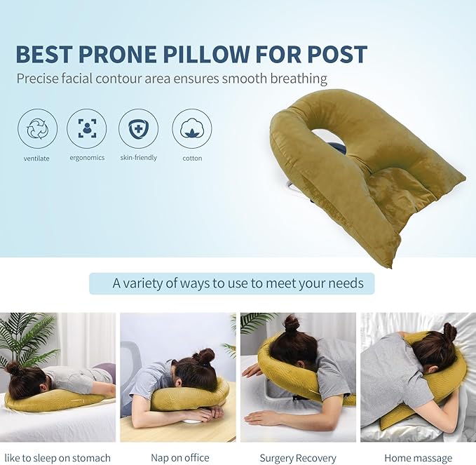 Face Down Pillow for Sleeping, Prone Pillow for Vitrectomy or Retinal Surgery, Adjustable Height Prone Prone Pillow Face Down Sleep, Retina Lying Pillow Eye Surgery Recovery (Velvet-Khaki)