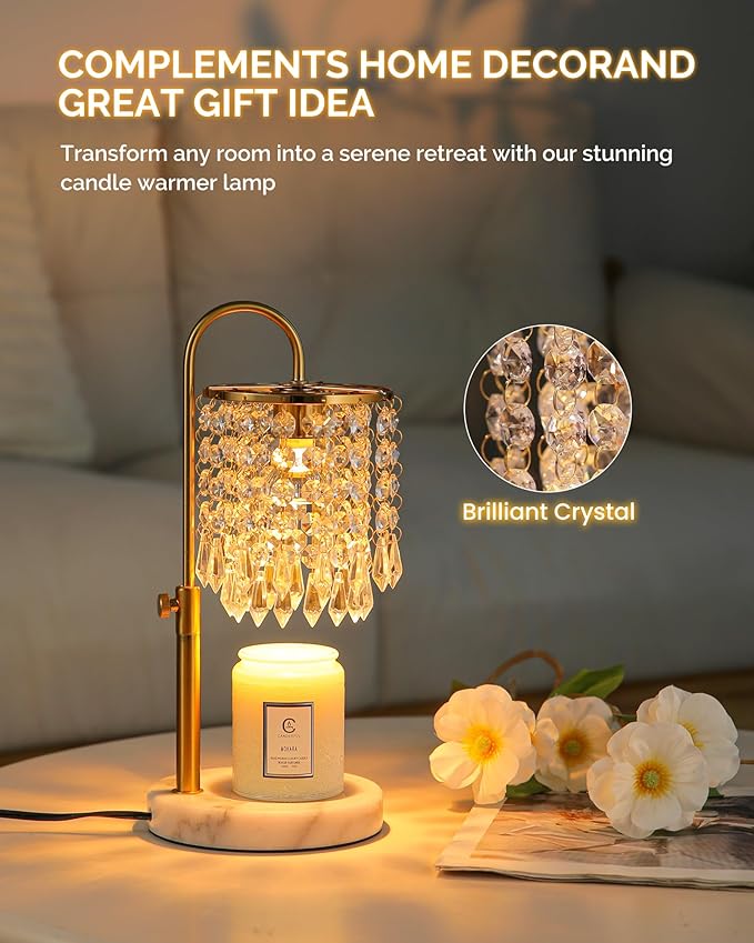 Minimalist Crystal Candle Warmer with Timer Dimmer and 3 Bulbs, Adjustable Height Marble Base for Jar Candles, Ideal House Warming Gift