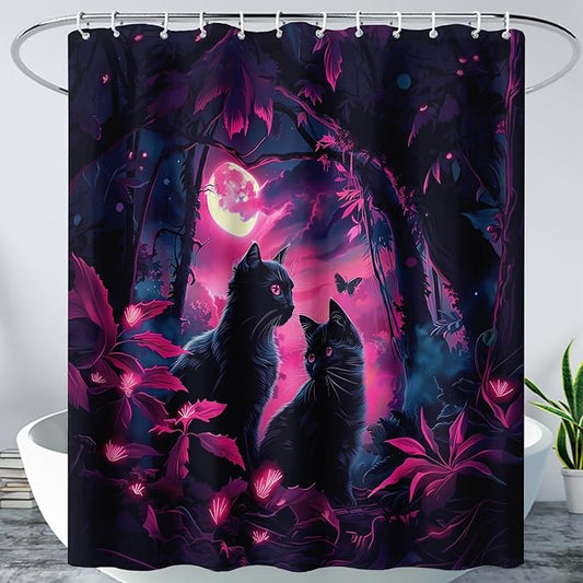 AILONEN Black Cat Shower Curtain,Cartoon Mother Son Kitten Shower Curtain Set for Kids Boys Girls,Boho Style Moon Shower Curtain with Hooks for Bathroom,72" W*78" H