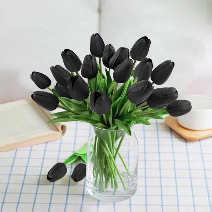 Beferr Black Tulips Artificial Flowers 18pcs Faux Tulip Real Touch Fake Flowers Bouquets for Halloween Easter Gifts Home Party Wedding Table Decorations