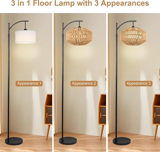 Boho Rattan Floor Lamps for Bedroom with 3 Color Temperatures, 72'' Modern Farmhouse Floor Lamp 360°Rotatable with Shades/Remote/12W Bulb(Included)/Adjustable Height for Living Room, Office