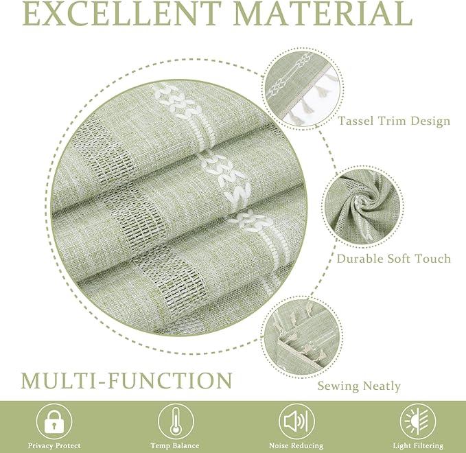ColorBird Sage Curtain 84 inch Length, 2 Panels Farmhouse Linen Curtains for Living Room, Light Filtering Embroidered Curtains & Drapes for Dining Bedroom Nursery Doorways