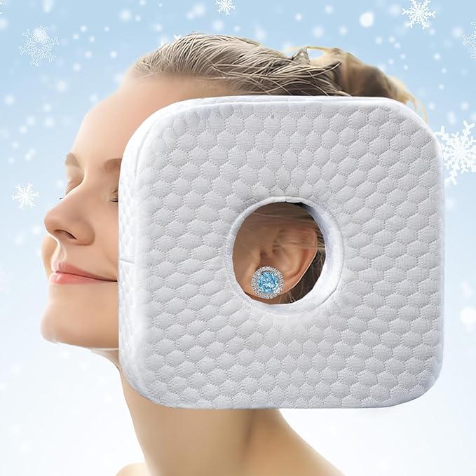 Ear Pillow with Ear Piercing for Side Sleeping, Ear Hole Memory Foam Cooling Pillows for CNH and Ear Pain Ear Inflammation Pressure Sores, Travel, White
