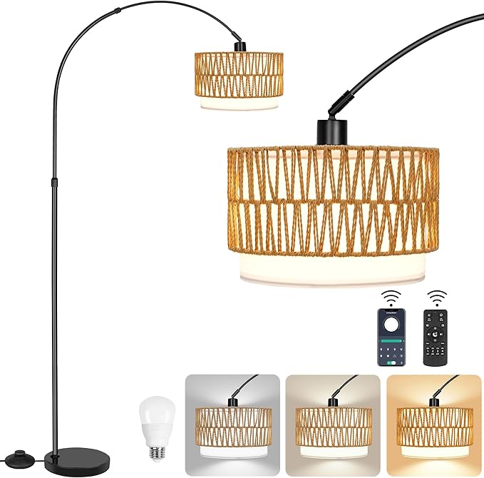 Rattan Floor Lamp for Living Room Arc Boho Floor Lamp with Rattan & Linen Double Shades Adjustable Tall Wicker Lamps with 3 Color Temperatures for Bedroom Office Reading,Black