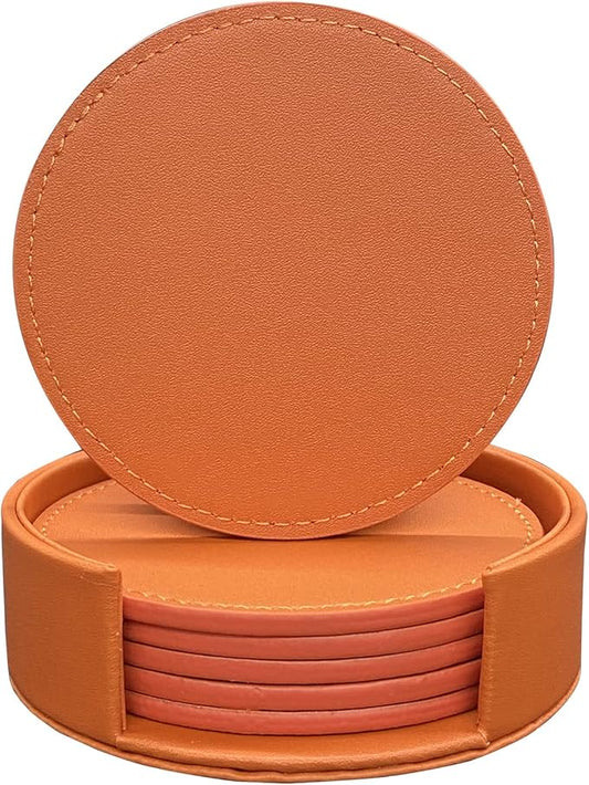 Coasters Set of 6 Soft Leather Drink Coaster Round Coaster with Sewing Around, Suitable for Various Cups, Wooden Tables,Home Decoration,4 Inches (Orange,Sewing Type)