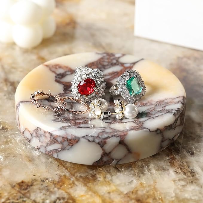 Koville Luxury Italy Calacatta Viola Marble Jewelry Dish, Small Round Trinket Dish for Ring Necklace Earring, 4" Marble Decorative Tray, Aesthetic Home Table Decor