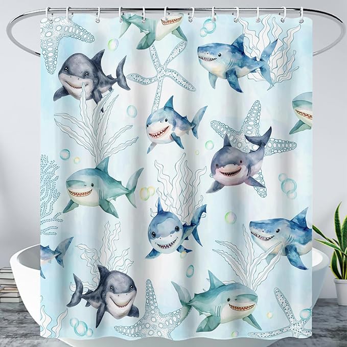 AILONEN Shark Shower Curtain for Bathroom, Cute Shark Bathroom Curtain,Blue Tie Dye Ocean Theme Bath Curtain 36" W*72" H Polyester Waterproof Children Boys Bathroom Curtain with 12 Hooks