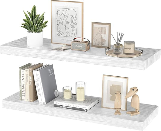 Floating Shelves for Wall - 24 x 9 Inch Natural Wood Shelves for Bathroom, Bedroom, Kitchen Decor, Farmhouse Decor Set of 2, White