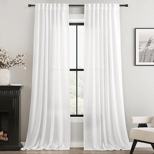 Linen White Curtains 86 inches Long for Bedroom Loop Pocket Privacy Light Filtering Semi Sheer White Boho Farmhouse Curtain Drapes Cotton Textured Modern Elegant Coastal Living Room Decor Pure White