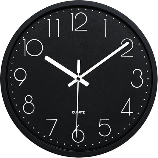 Plumeet 10'' Wall Clock, Bedroom Wall Clocks Battery Operated, Silent Quartz Small Clock Decorate Kitchen Living Room, 3D Numbers Display Easy to Read, Black
