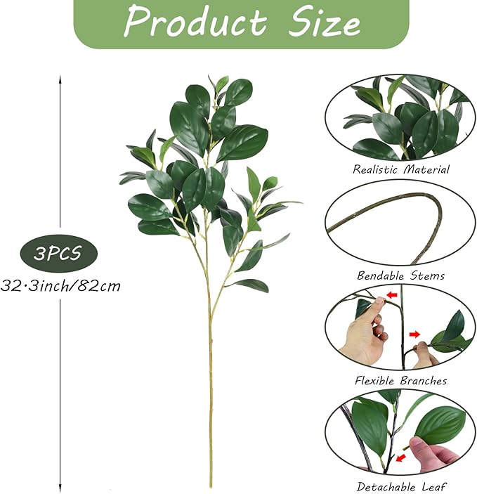 AILANDA Artificial Greenery Stems 32.3'' Long Stem Artificial Shrubs Plants Faux Eucalyptus Leaves Silk Greenery Stems Arrangement for Floor Vase Spring Floral Home Decor Wedding Table Centerpiece