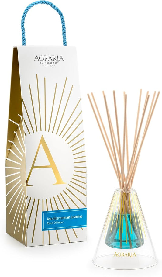 Agraria Mediterranean Jasmine Reed Diffuser Set, 12 Reeds Essential Oil Sticks, Scent Diffusers for Home Fragrance, Scented Oil Diffuser Gift Box