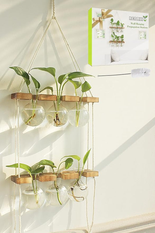 Plant Propagation Station Wall Hanging, Plant Terrarium with 2 Tiered Wooden Stand for Hydroponics Plants, Unique Gardening Gifts for Women Mom Plant Lovers - 6 Bulb Glass Vases
