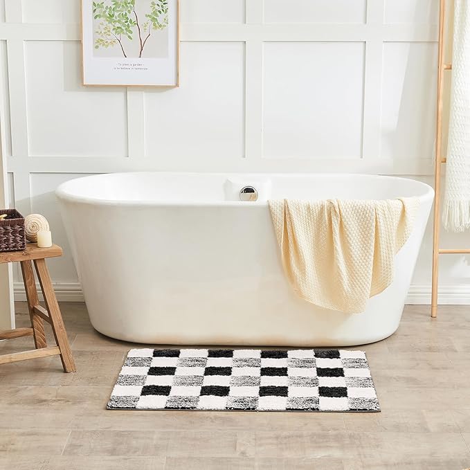 CozeCube Black Checkered Bath mats Non Slip, Fluffy Absorbent Microfiber Runner Bath mat Washable, Aesthetic Bathroom Rugs, Long Bath mat for Bathroom Floor, 47" x 24"