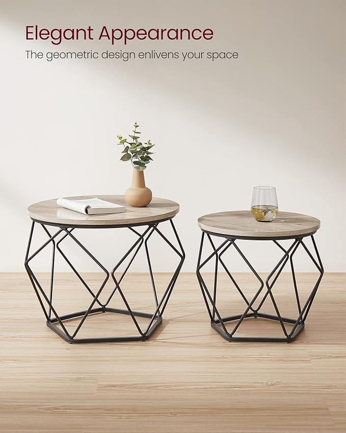 VASAGLE Small Coffee Table Set of 2, Round Coffee Table with Steel Frame, Side End Table for Living Room, Bedroom, Office, Greige and Ink Black