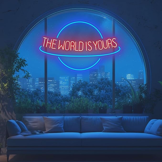 The World is Yours Neon Sign Planet LED Neon Light for Wall Decor Dimmable Blue Light Up Signs for Man Cave Beer Bar Wedding Game Room Bedroom Birthday Party Decor Gift