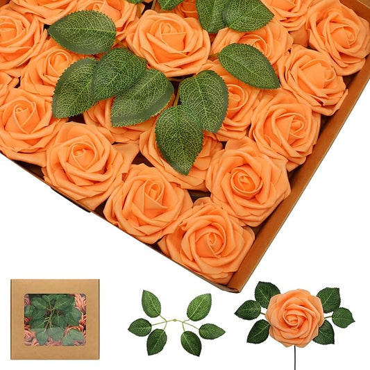 100PCS Orange Artificial Flowers Roses Real Looking Foam Fake Roses with Leaves and for DIY Wedding Bouquets Bridal Shower Centerpieces Party Decorations (Orange, 100)