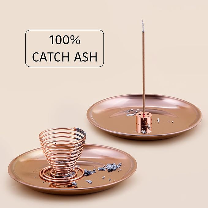 ZenBless 5 in 1 Incense Burner Holder, Palo Santo Holder, Sage Holder, Incense Sticks/Coil/Cones, 5.5 inches Brass Ash Catcher for Meditation Yoga Room(Rosegold)