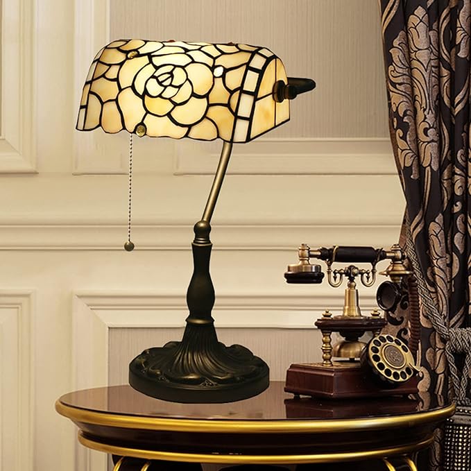 Rose Bankers Lamp Tiffany Vintage Table Lamp Stained Glass Beige Rose Lampshade Table Light Piano Desk Lamp Bedroom Bedside Lamp for Livingroom Office Study,Antique Alloy Base,Zipper Switch,Rose b